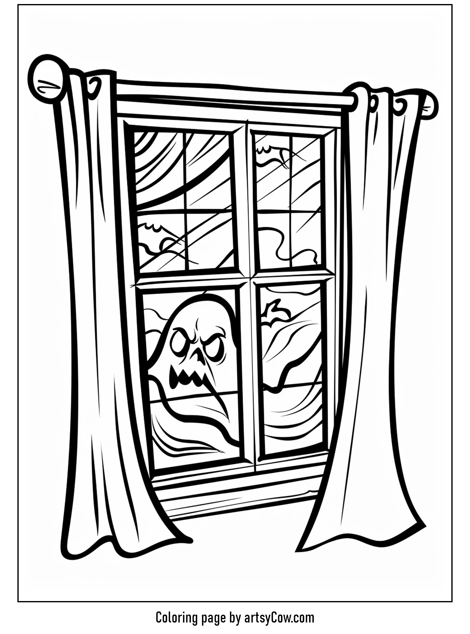 scary halloween coloring pages, showing a creepy skull peering from a cobwebbed window framed by draped curtains